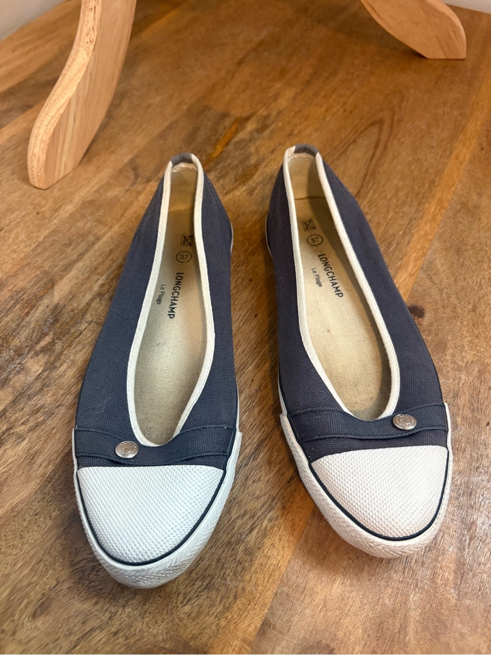 Longchamp Navy Canvas and White Toe Ballet Flats